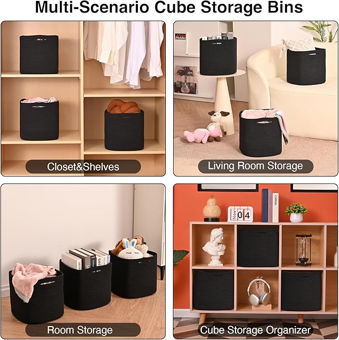 ICERZCZ 11 Inch Cube Storage Bins, Storage Cube Organizer Bins, Woven Cotton Rope Basket for Storage, Storage Baskets for Organizing Shelves, Square Baskets for Toys, Black (Pack of 3)