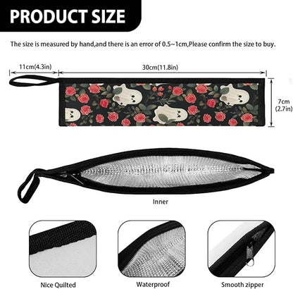 COEQINE Vintage Rose Ghost Portable Utensils Case Cute Pink Flower Fashion Silver Storage Case Tableware Case With Handles,Machine Washable Fit 11.8 x 2.7