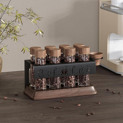 Single Dose Coffee Bean Storage Tubes with One-Way Exhaust Valve,Coffee Bean Container with American Walnut Wood Base,Funnel and Lids,Espresso Bean Storage with 8Pcs Glass Tubes