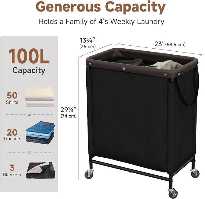 StorageWorks 2 Section Laundry Hamper, Rolling Laundry Cart with Wheels and Handles, Laundry Room Double Sorter for Organizer and Storage, 26.4 Gal(100L), Black