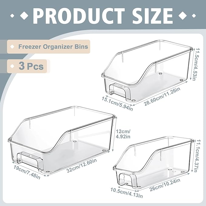 LemonRoad 3 Packs Pantry Organizers and Storage Freezer Clear Organizer Bins with Handle Acrylic Organization Bins Stackable Open Front Storage Vegetable Egg Salad Containers for Kitchen Cabinet