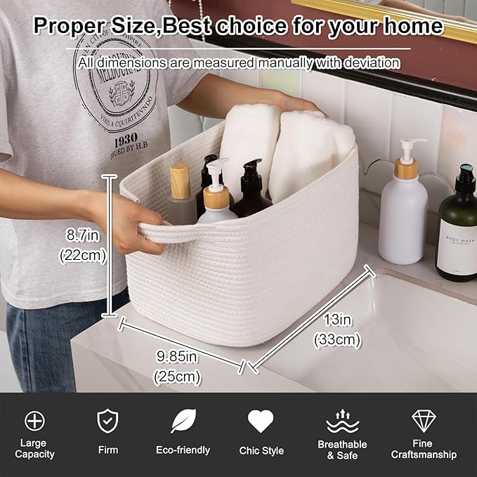 OIAHOMY Woven Storage Basket for Shelves, Rectangle Cotton Rope Baskets for Organizing, 13 x 10 x 9 in, Storage Bins for Dog Toys,Towel,Books,Gift, White