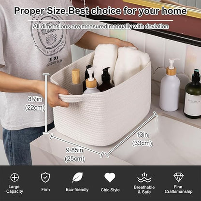 OIAHOMY Woven Storage Basket for Shelves, Rectangle Cotton Rope Baskets for Organizing, 13 x 10 x 9 in, Storage Bins for Dog Toys,Towel,Books,Gift, White