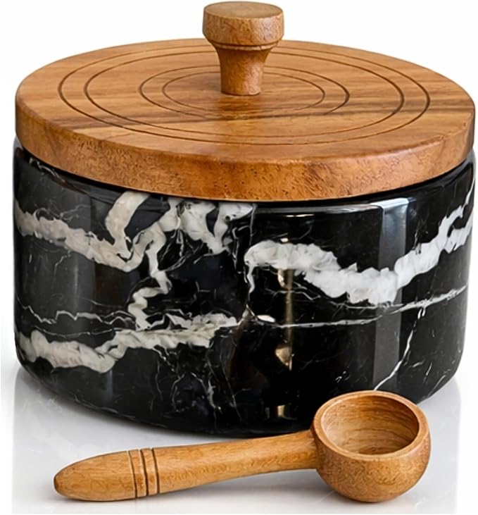 Marble salt cellar with lid and spoon, salt container with spoon, salt bowl with acacia wood lid, salt holder for countertop, salt jar - Black