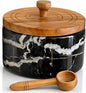 Marble salt cellar with lid and spoon, salt container with spoon, salt bowl with acacia wood lid, salt holder for countertop, salt jar - Black