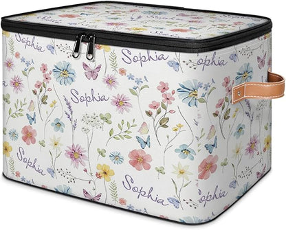 Custom Watercolor Flower Storage Bins with Lid, Foldable Personalized Storage Basket Boxes with Handle Shelf Basket Closet Organizer Cube