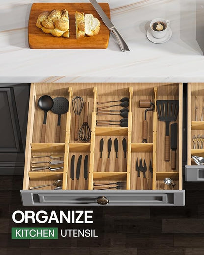 kiplant Bamboo Drawer Dividers - Adjustable Drawer Dividers for Clothes, Kitchen, Closet & Office - 8 Pack with Inserts, 18-22.6 Inches, Non-Slip Silicone Ends