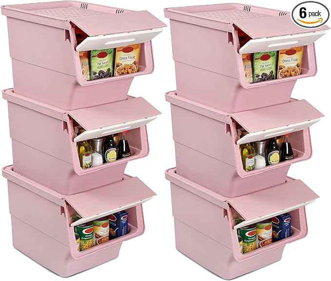 Giantex Plastic Stackable Storage Bins with Lids & Wheels, 6 Pack Open Front Stacking Bins, Organizer Bins for Pantry, Kitchen, Laundry, Closet, Playroom, Bedroom Organization (35 QT)