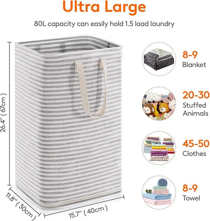 Lifewit 1 Pack Laundry Basket 80L Each, Collapsible Clothes Hamper with Reinforced Handles, Freestanding Waterproof Design for Bedroom and Laundry Room, Grey 80L Total