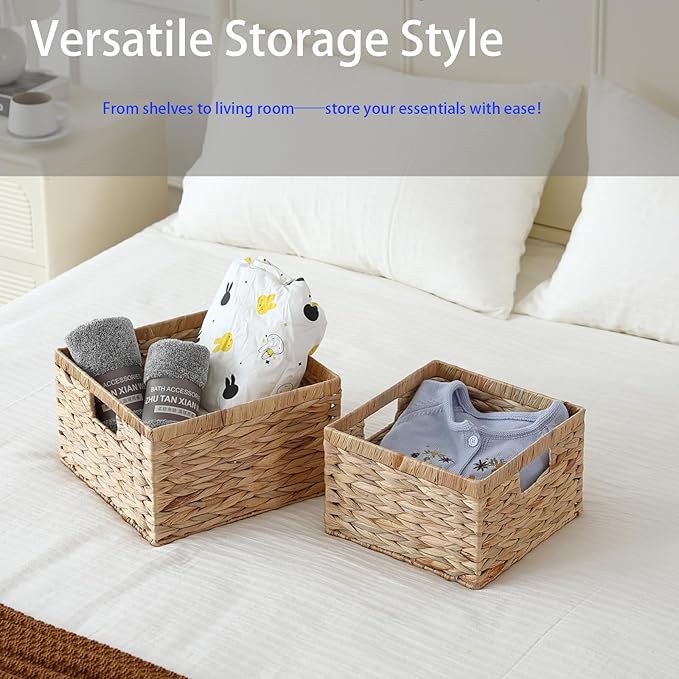 Large Wicker Basket Set of 2 Woven Baskets for Shelves Gift Baskets Empty Wicker Storage Organizing with Built-in Handles 2-Pack Nesting Woven Basket 11.8*11.8*7.1INCH