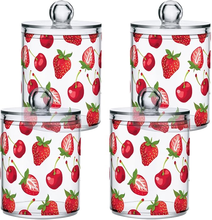 2 Pack Qtip Holder Dispenser for Cotton Ball Strawberry Cherry Red Swab Round Pads Clear Plastic Acrylic Jar Set Bathroom Canister