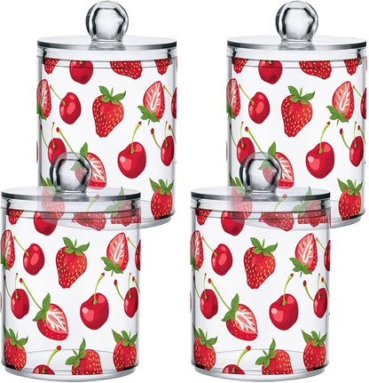 2 Pack Qtip Holder Dispenser for Cotton Ball Strawberry Cherry Red Swab Round Pads Clear Plastic Acrylic Jar Set Bathroom Canister