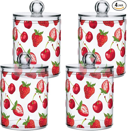 4 Pack Qtip Holder Dispenser Strawberry Cherry Red Cotton Ball Swab Round Pads Floss Clear Bathroom Storage Containers Plastic Apothecary Jars with Lids