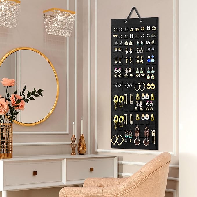 Lolalet Hanging Earring Holder Organizer with 20 Hooks for Women, Earring Organizer Wall Earrings Hanger Pierced Earring Storage, Felt Stud Earring Display, 608 Holes for Earrings - Black, 2 Pack