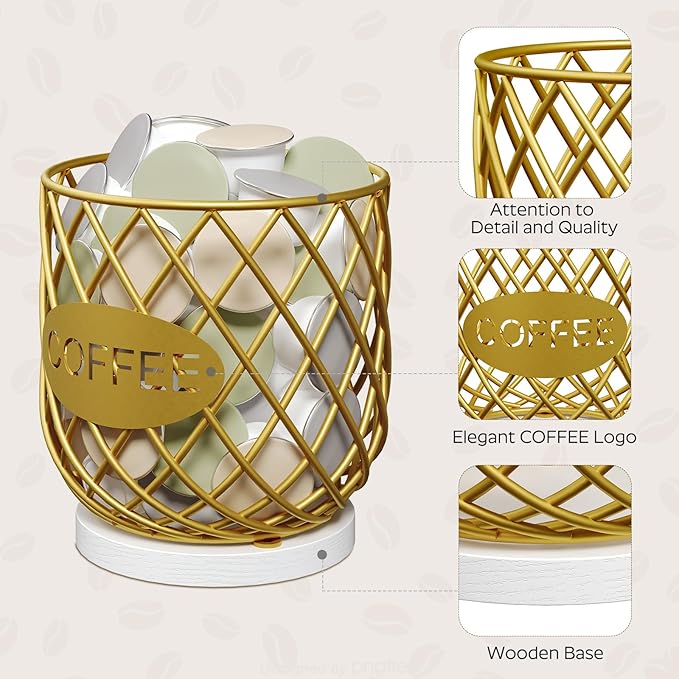 YATINEY Coffee Pod Holder Organizer, Holder for K Cup, Large Capacity Coffee Pod Basket, Versatile Coffee Capsule Storage Organizer, for Kitchen Countertop, Gold and White KH09DW