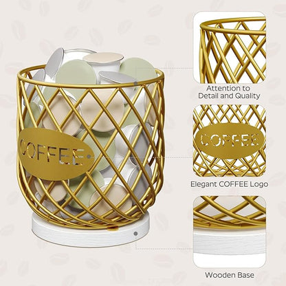 YATINEY Coffee Pod Holder Organizer, Holder for K Cup, Large Capacity Coffee Pod Basket, Versatile Coffee Capsule Storage Organizer, for Kitchen Countertop, Gold and White KH09DW