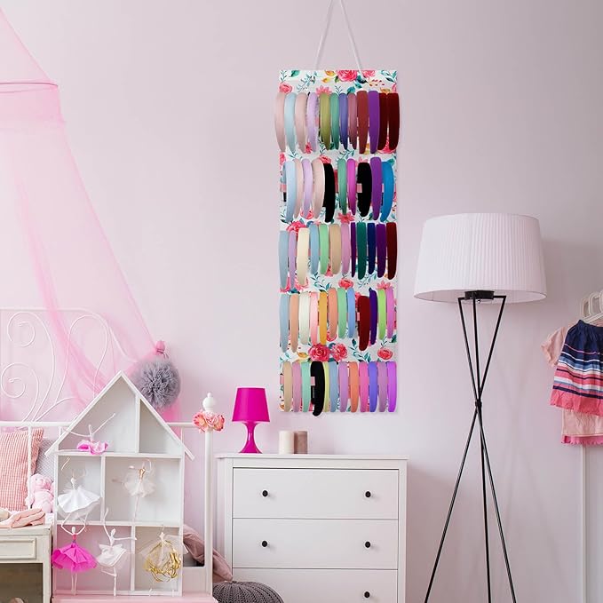 Tudomro Hanging Headband Holder for Girls Felt Hair Accessories Organizer with 60 Elastic Bands Bow Hanger for Girls Hair Bows Without Headbands(Pink, Green,Floral)