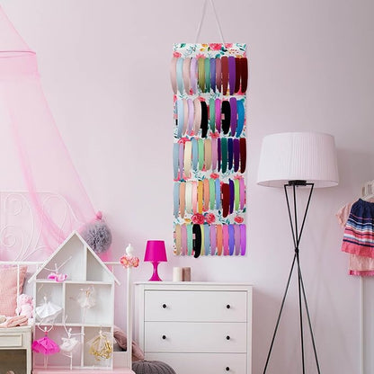 Tudomro Hanging Headband Holder for Girls Felt Hair Accessories Organizer with 60 Elastic Bands Bow Hanger for Girls Hair Bows Without Headbands(Pink, Green,Floral)