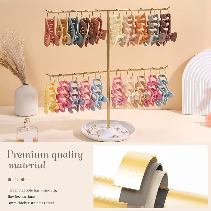 Metal Claw Clip Organizer, 2-Tier Hair Clip Holder Stand with Tray, Hair Clip Storage Display Rack with 20 Golden Rings, Hair Accessories Organizer Room Decor for Women and Girls