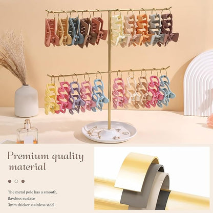 Metal Claw Clip Organizer, 2-Tier Hair Clip Holder Stand with Tray, Hair Clip Storage Display Rack with 20 Golden Rings, Hair Accessories Organizer Room Decor for Women and Girls