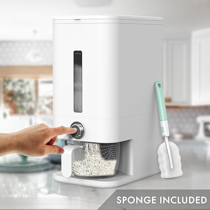 Rice Dispenser - 26.5 lbs Rice Storage Container with Measuring Cup, Rice Scoop & Sponge – Large Cereal Grain Bucket with Scale for Kitchen Pantry Organization, BPA-free, Airtight (White)