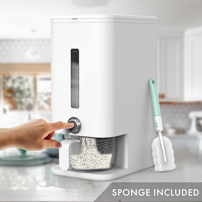 Rice Dispenser - 26.5 lbs Rice Storage Container with Measuring Cup, Rice Scoop & Sponge – Large Cereal Grain Bucket with Scale for Kitchen Pantry Organization, BPA-free, Airtight (White)