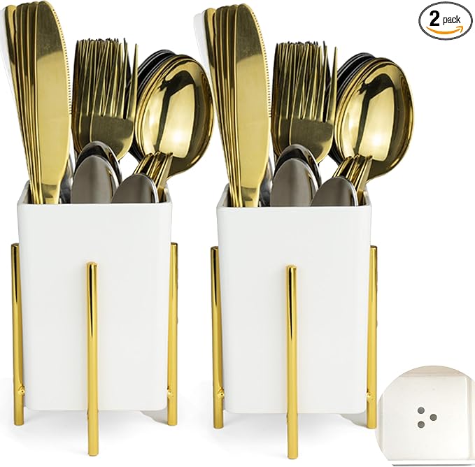 ECOIOU Silverware Caddy with Drain Holes, Cutlery Holder for Party Countertop, kitchen counter, Melamine Bins Set Kitchen Utensil Holder for Spoons, Forks and Knives, White, Pack of 2