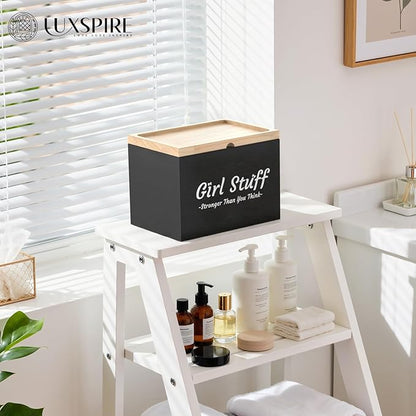 Luxspire Tampon Holder for Bathroom - Discreet Feminine Product Organizer with Lid & Wood Pad, Shark Week Tampon Storage Box, Stylish Girl Stuff Organizer for Bathroom, Black