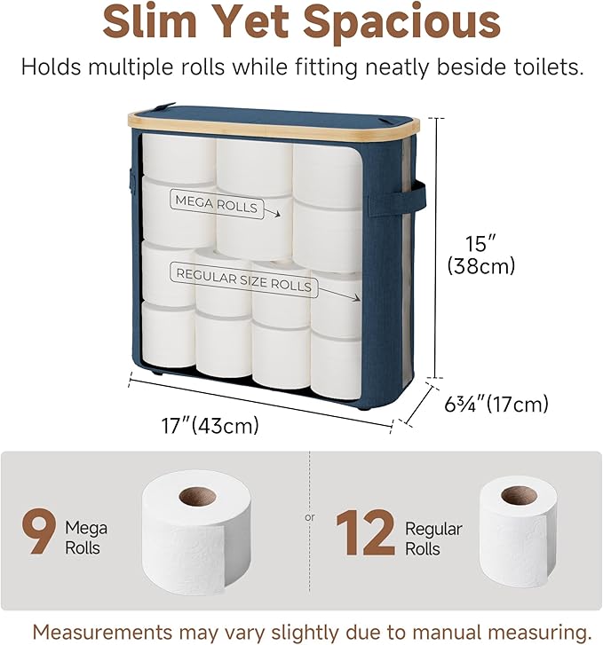 StorageWorks Toilet Paper Storage Baskets with Dual Flip Lids, Toilet Paper Organizer for Bathroom, Toilet Paper Container with Side Pocket, Holds 9 Mega or 12 Regular Rolls, Medium, Blue