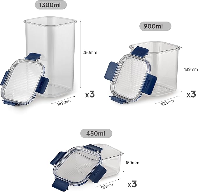 CELLO Stack Lock 9 Pack Airtight Fridge Storage Containers BPA Free for Dry Food, Legumes, Spices (900ml, 450ml + 1300ml) x 3 each, Blue