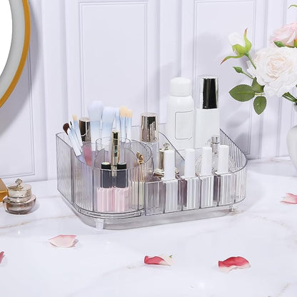DASITON Large Capacity Makeup Organizer with 360° Rotating Makeup Brush Holder, Multi-Compartment Skincare and Cosmetic Storage for Vanity, Bathroom Countertop, Dresser, Desktop Storage Box (Clear)