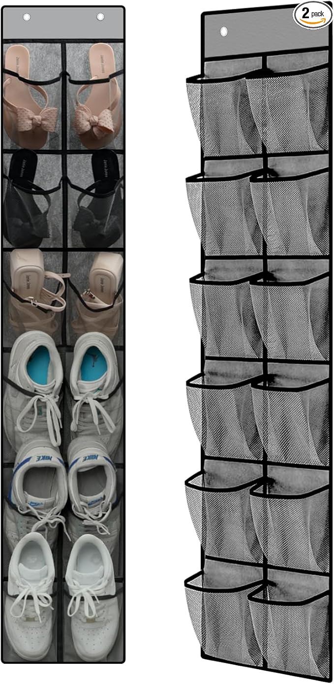 MSLOVE Narrow Over The Door Shoe Organizer, 12 Large Mesh Pockets Hanging Shoe Organizer for Closet Organizers and Storage, Grey, 2 Pack