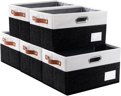 PRANDOM Larger Foldable Storage Bins with Handles [5-Pack] Fabric Collapsible Storage Boxes Baskets Cubes Containers with Handles for Closet Living Room Bedroom (Black & White 17.3x12.2x10.4'')