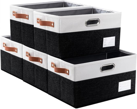PRANDOM Larger Foldable Storage Bins with Handles [5-Pack] Fabric Collapsible Storage Boxes Baskets Cubes Containers with Handles for Closet Living Room Bedroom (Black & White 17.3x12.2x10.4'')