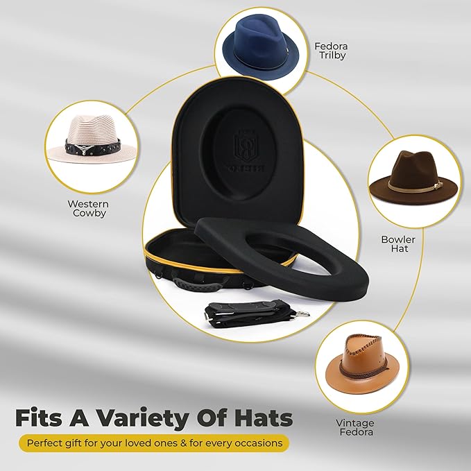 Hat Box for Travel with Shoulder and Luggage Straps, Hat Storage Box for Fedora, Straw, Panama, Trilby, Bowler, Pork Pie Hats and more. Hat Travel Case and Hat Storage Case, Crushproof Hat Box.