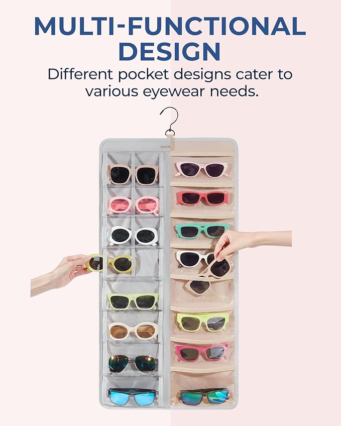 BAGSMART Hanging Jewelry Organizer, Dust Proof Sunglasses Storage Case Wall Mounted, Travel Dual Sided Glasses Case Multiple Pairs, Eyeglasses Holder with 32 Clear Slots & Metal Hook, Grey