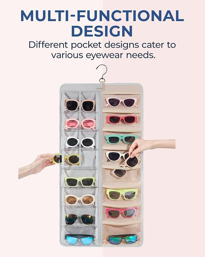 BAGSMART Hanging Jewelry Organizer, Dust Proof Sunglasses Storage Case Wall Mounted, Travel Dual Sided Glasses Case Multiple Pairs, Eyeglasses Holder with 32 Clear Slots & Metal Hook, Grey