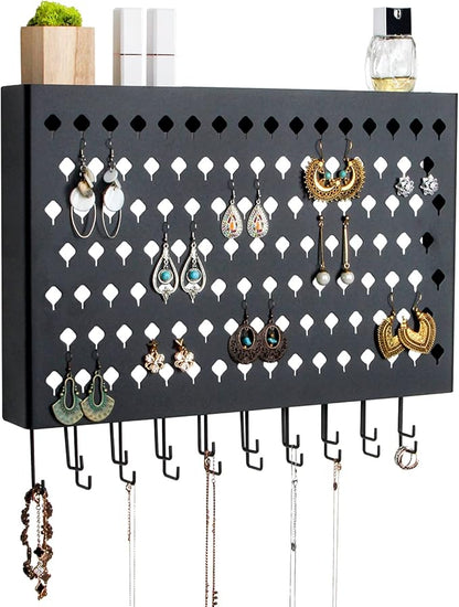 JackCubeDesign Wall Mounted Jewelry Organizer, Earring Necklace Bracelet Holder Display Hanger with 109 Holes & 19 Hooks (Black,16.5 x 2.4 x 13.2 inches) - MK329A