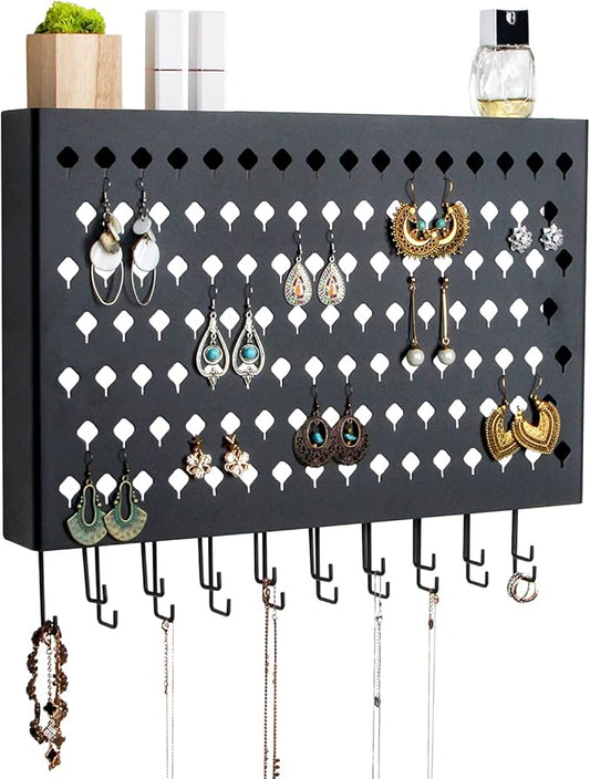 JackCubeDesign Wall Mounted Jewelry Organizer, Earring Necklace Bracelet Holder Display Hanger with 109 Holes & 19 Hooks (Black,16.5 x 2.4 x 13.2 inches) - MK329A