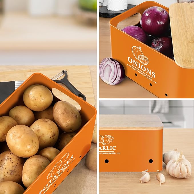 Kitchen Vegetable Storage Set of 3, Metal Onion Garlic Potato Storage Set, Kitchen Canisters Vegetable Keeper Containers with Aerating Holes and Wooden Lid (Orange)
