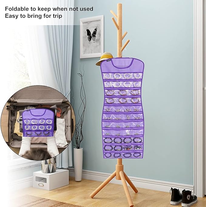 Dual sided Jewelry Hanging Organizer Closet Necklace Holder for Earrings Bracelets Rings with 42 Clear Pockets and 17 Hook Loops (Purple