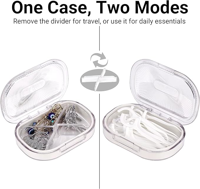 Adorila 2-Pack Travel Cotton Swab Case with Removable 4-Way Divider, Slim Hair Tie & Floss Pick Organizer for Toiletry Bag (Grey/White)