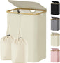 Lifewit 150L Double Laundry Hamper with Lid, Large Laundry Basket with Removable Bag & Bamboo Handles, Fodable Tall Dirty Clothes Hamper for Laundry Collapsible Bin for Bathroom Bedroom Dorm, Beige