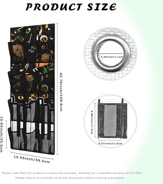 Over The Door Shoe Organizer with 12 Mesh Pockets, Hanging Storage Organizer for Toys Closet Door Hanging Shelf Storage for Bedroom Bathroom,Music Note