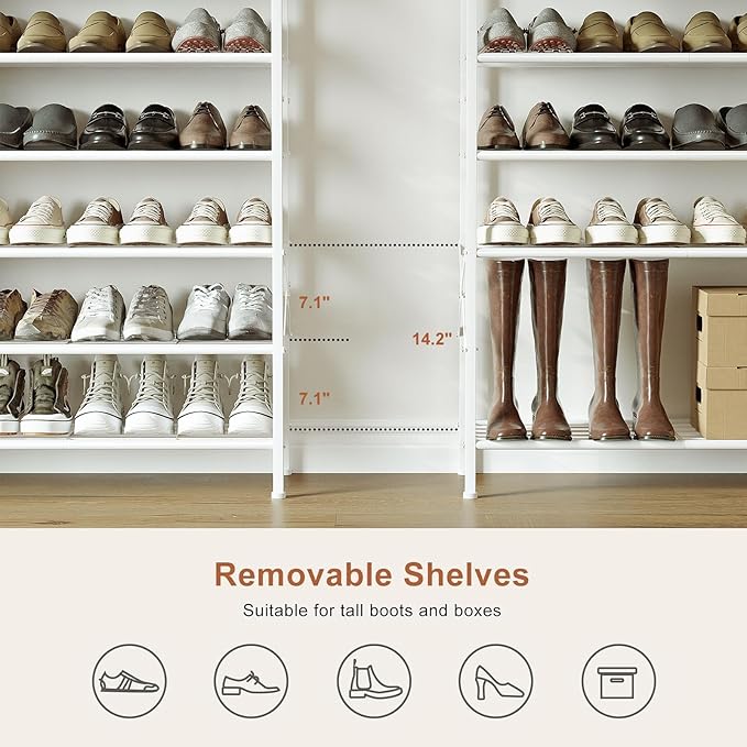 Shoe Rack with Coat Rack, 8 Tier Tall Shoe Storage Organizer with Hooks, 3-in-1, Wooden Top Shelf, Sturdy Frame, Metal Clothes Hanger Stand for Entryway, Closet, White