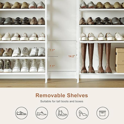 Shoe Rack with Coat Rack, 8 Tier Tall Shoe Storage Organizer with Hooks, 3-in-1, Wooden Top Shelf, Sturdy Frame, Metal Clothes Hanger Stand for Entryway, Closet, White