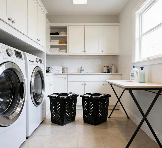 2 bushel laundry baskets with silver handles, black, 2-pack