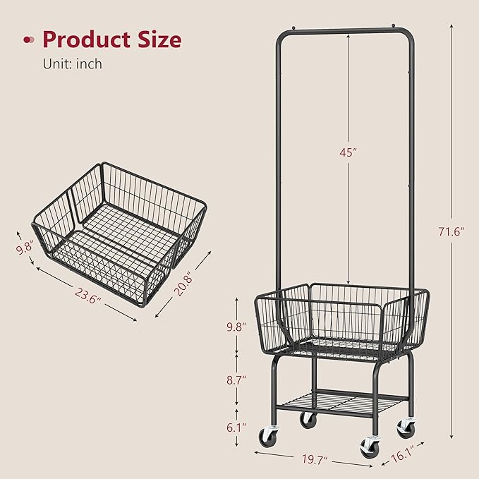 Tajsoon Laundry Cart with Hanging Rack, Metal Laundry Basket with Wheels, Laundry Hamper with Storage Basket and Shelf, Rolling Laundry Cart with Wheels, Black