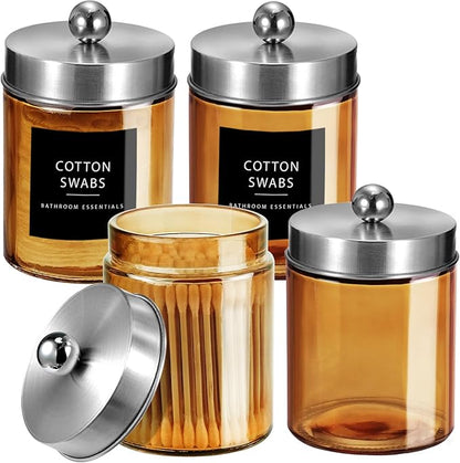 Amolliar Bronze Glass Apothecary Jar, Qtip Holder Metal Lid & Stickers, Bathroom Qtip Dispenser Storage, Canister for Cotton Balls, Cotton Swabs, Makeup Pads, Bath Salt, Floss, 4 Pack (Brushed Nickel)