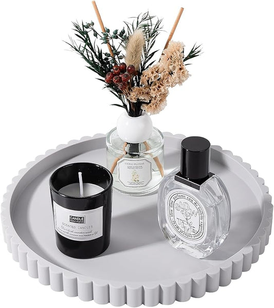 Round Bathroom Tray Silicone Kitchen Counter Decor Vanity Organizer Decorative Coffee Table Tray for Perfume, Candle, Soap Dish, 9 Inch, Light Gray